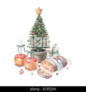 Weihnachtsbaum im Topf, traditionelles faires Essen einschließlich Stollen, Vintage-Pferdespielzeug. Handgemalte Aquarellillustration isoliert auf weißem Hintergrund Stockfoto