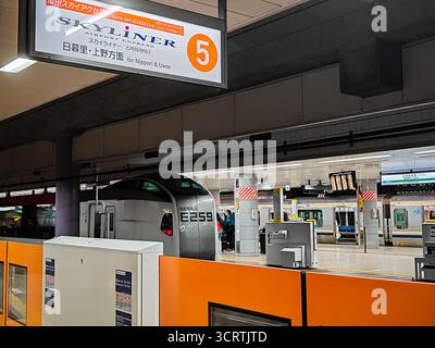 Tokio, Japan, Dez 2023, Passagiere warten am Bahnsteig für den Skyliner Airport Express auf der Narita Sky Access Line mit deutlicher Beschilderung, die Nari verbindet Stockfoto