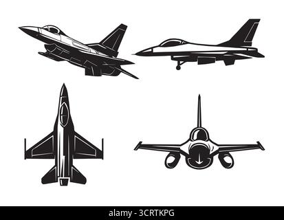 Kampfflugzeug Vektor Illustration Set – Military Aircraft Silhouette Kollektion, Warplane Icon, Air Force Aviation Design Stock Vektor