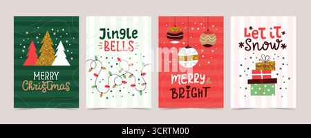 Weihnachtskarten-Set mit Deko und Kalligraphie. Minimalistische, einfache, festliche Vektor-Design-Vorlagen Stock Vektor