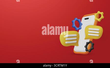 3D-Smartphone mit Chatblasen und Zahnrädern. Ein Konzept für Kundensupport, Chatbot-Services und technische Unterstützung. Stock Vektor