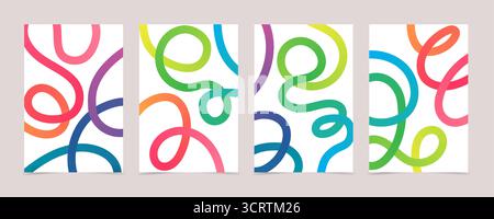 Abstrakte Regenbogenverlaufslinien Hintergrundset. Gewellte, farbenfrohe Formen und dynamische Bänder. Vektordesign Stock Vektor