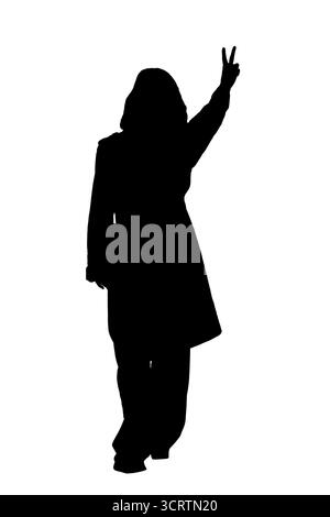 Silhouette einer Rückansicht einer Frau mit zwei Fingern Stockfoto