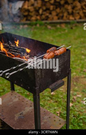 Gegrillte Würstchen auf Metallspießen über offenem Feuer im rustikalen Grill im Freien mit Holzhaufen im Hintergrund Stockfoto
