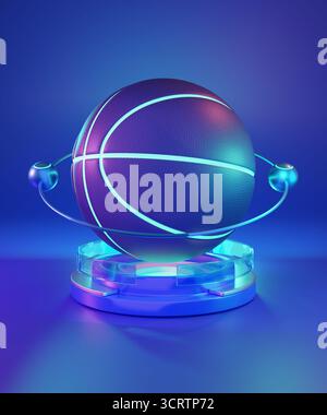 Eine Basketball-Ikone im 3D-Neon-Stil, die in leuchtendem Blau leuchtet und stolz auf einem Podium steht. Stockfoto