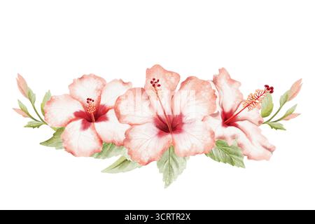 Hibiskus tropische Blumen Krone mit Blättern und Knospen Aquarell isolierte Illustration. Realistische tropische Sommerpflanze im detaillierten botanischen Stil Stockfoto