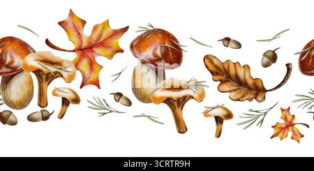 Pilze, Ahorn- und Eichenlaub, Weizenzweige und Kiefernnadeln in einem nahtlosen Rand. Handgezeichnete Tierillustration für die Dekoration von Karten isoliert auf Stockfoto