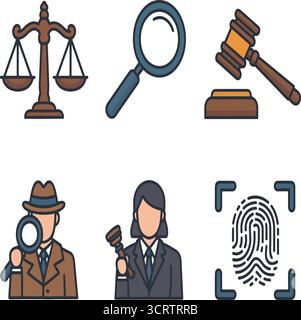 Symbol für Recht und Gerechtigkeit mit Skala, Lupe, Hammer und Fingerabdruck Stock Vektor