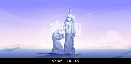 Steinskulptur Krippe mit Maria, Joseph und Jesuskind unter leuchtendem Stern auf gefrorener Winterlandschaft. Heitere religiöse Komposition in sanften Blau- und Violetttönen für spirituelle Weihnachtsthemen Stock Vektor