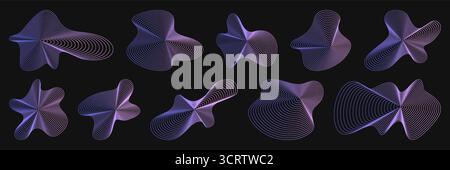 Abstrakte Welligkeitskreise, isoliert auf schwarzem Hintergrund. Vektorillustration von organischen kurvigen Ringen, amorphem Kartentopographiemuster, Schallvibrationen, holographischen Wellenformen, Pulsstrukturdesign Stock Vektor