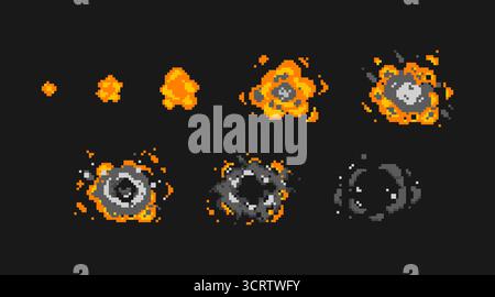 Pixel-Explosionssequenz mit orangefarbenem Feuer und grauem Rauch für Spielanimation. Bewegungsbilder, progressive Explosionsstufen von kleinen Funken bis hin zu ableitenden Wolken. Elemente mit Retro-Arcade-Effekt. Stock Vektor