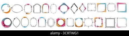 Geometrische Rahmen mit verlaufendem Rand – verschwommene Aura-Effekte und Funkeln für modernes Design. Quadratische, diamantförmige und rechteckige Formen mit blauem, rosa und gelbem Glanz und dekorativen Sternen. Trendige Vorlagen. Stock Vektor