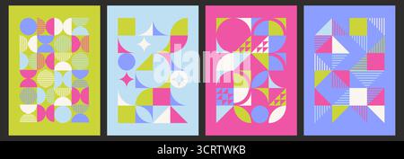 Geometrische Cover-Designs des Bauhauses mit lebendigen abstrakten Formen - Kreise, Dreiecke und Quadrate in modernistischen Kompositionen. Poster mit zeitgenössischer Kunst in Rosa, Blau und Grün für kreative Projekte Stock Vektor