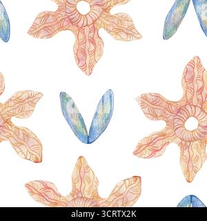 Gestrickte Schneeflocken, Wollelemente in nahtlosem Muster. Aquarellabbildung. Für verschiedene Zeitschriften, Retro-Vintage-Weihnachtsbücher und Weihnachtsbücher Stockfoto