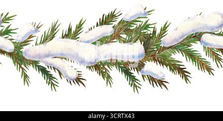 Schneekappen und Schneewehungen, Fichtenzweige in nahtloser Umrandung. Aquarellabbildung. Für verschiedene Zeitschriften, Retro Vintage Weihnachtsbücher und Feiertage Stockfoto