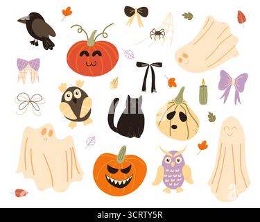 Happy Halloween Set mit isolierten Designelementen. Handgezeichnetes, gruseliges und niedliches Clipart-Paket auf weiß. Kürbis, Geist, Spinne, schwarze Katze. Stock Vektor