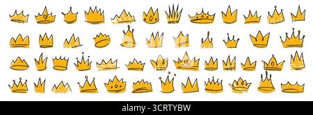 Doodle Royal Crown Collection mit gelben handgezeichneten Skizzen für König- und Königin-Symbole. Einfache Monarchie-Ikonen mit verschiedenen Stilen und dekorativen Elementen. Skizzen-Tiara-Illustrationen Set. Stock Vektor