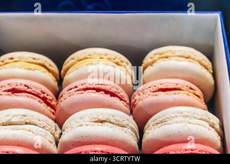 Schachtel mit verschiedenen französischen Macarons in einer blauen Box Stockfoto