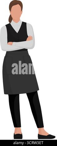 Küchenangestellte posiert auf weißem Hintergrund: Selbstbewusste professionelle Kellnerin, die mit überkreuzten Armen steht, ganzer Körper isoliert Stock Vektor