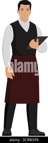 Küchenmitarbeiter posiert auf weißem Hintergrund: Professioneller Kellner steht und hält ein digitales Tablet Stock Vektor