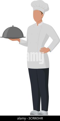Küchenmitarbeiter posiert auf weißem Hintergrund: Selbstbewusste Küchenchefin hält ein Tablett mit Deckel und steht Stock Vektor