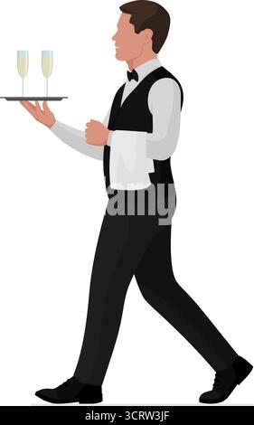 Küchenangestellter posiert auf weißem Hintergrund: Professioneller eleganter Kellner serviert Sekt auf einem Tablett und geht, Profilansicht, ganzer Körper Stock Vektor