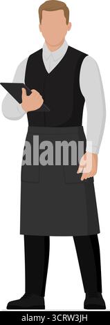 Küchenmitarbeiter posiert auf weißem Hintergrund: Professioneller Kellner steht und hält ein digitales Tablet Stock Vektor