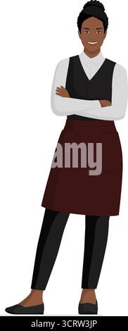 Küchenangestellte posiert auf weißem Hintergrund: Selbstbewusste professionelle Kellnerin, die mit überkreuzten Armen steht, ganzer Körper isoliert Stock Vektor