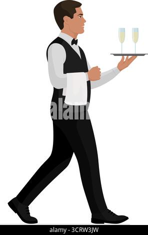 Küchenangestellter posiert auf weißem Hintergrund: Professioneller eleganter Kellner serviert Sekt auf einem Tablett und geht, Profilansicht, ganzer Körper Stock Vektor