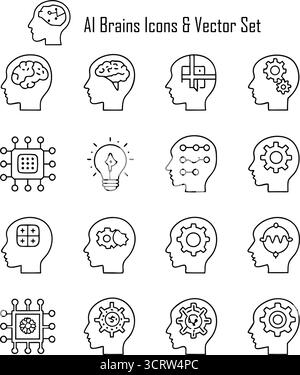 KI Brain Icons Vector Set – Künstliche Intelligenz, neuronale Netzwerke und Symbole für maschinelles Lernen für Technologie- und Innovationsdesign Stock Vektor