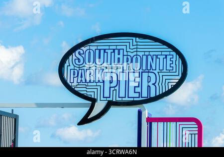 South Pointe Park Pier Schild in South Beach, Miami Beach, Florida Stockfoto
