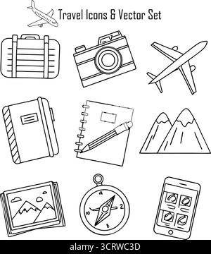 Vektorset für Reisesymbole – Tourismus, Abenteuer, Transport und Urlaubssymbole für Apps, Karten und kreatives Design Stock Vektor
