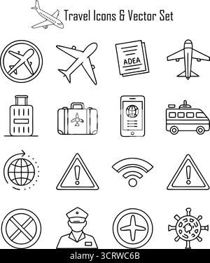 Vektorset für Reisesymbole – Tourismus, Abenteuer, Transport und Urlaubssymbole für Apps, Karten und kreatives Design Stock Vektor
