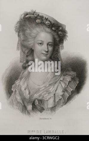 Marie Thérèse Louise von Savoyen (1749-1792). Prinzessin de Lamballe. Französischer Aristokrat. Persönliche Freundin und Vertraute von Königin Marie Antoinette. Sie wurde während der Massaker im September 1792 getötet. Hochformat. Kupferstich von Bosselman. Histoire de la Révolution Francaise (Geschichte der Französischen Revolution), von M. A. Thiers. Band II. Paris, Furne et Cie, 1845. Stockfoto