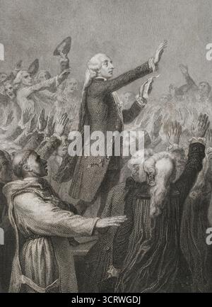 Französische Revolution. Tennisplatz-Eid (20. Juni 1789). Feierliches Versprechen der union mit dem Ziel, dem Ancien-Regime ein Ende zu bereiten. Sie fand auf einem Tennisplatz (Jeu de Paume) in Versailles von 578 französischen Abgeordneten statt. Sie wurden 1789 als Teil der Generalstände einberufen und waren mit überwältigender Mehrheit Mitglieder des Dritten Anwesens, mit einigen Vertretern des Klerus und des Adels. Zeichnung von Raffet. Stich von Burdet. Histoire de la Révolution Francaise (Geschichte der Französischen Revolution), von M. A. Thiers. Band I. Paris, Furne et Cie, 1845. Autor: Auguste Raffet (1804-1860). Französischer Künstler. Augusti Stockfoto