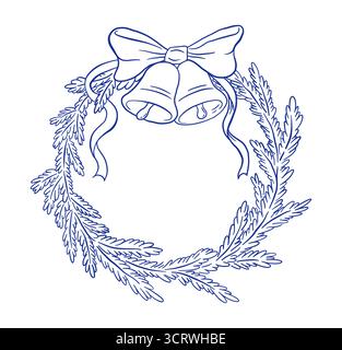 Hand zeichnen Retro-Weihnachtskranz mit Tannenzweigen und Glockenvektorillustration. Doodle Xmas Girlande. Vintage-Neujahrsdekoration Stock Vektor
