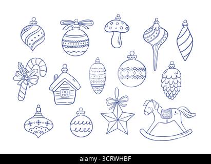 Handzeichnung Retro Set von Dekorationen, Kugeln, Stern, Spielzeug, Süßigkeiten Vektor Illustration. Feiertagsdekor im Doodle-Stil. Neujahrsdesign. Stock Vektor