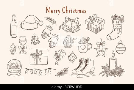 Handgezeichnetes Vintage-Weihnachtsset. Gemütliches Winterurlaub-Clipart. Glocke, Geschenkbox, Strumpf, Dekoration, Weihnachtsmütze, garland, Schlittschuh, Kaffeetasse, Copca Stock Vektor