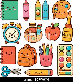 Ein Set von Schulutensilien im Cartoon Kawaii Stil. Illustration mit einem Set von Schulutensilien und Schreibwaren: Notizbücher, Rucksack, Schere, Bleistift, m Stock Vektor
