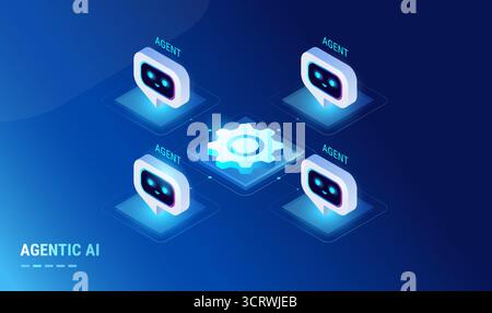 Agentic AI Workflow-Diagramm mit Multi-Agent-System - Automatisierungskonzept künstliche Intelligenz Isometrie Technologievektor Stock Vektor