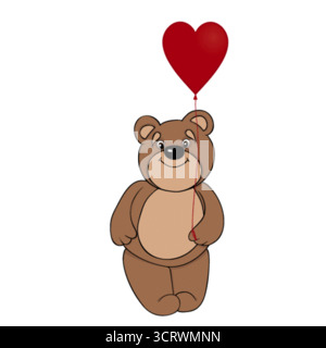 Niedlicher brauner Teddybär, der einen Ballon in Form eines roten Herzens hält Stock Vektor