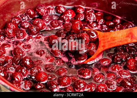 Zubereitung frisch gepflückter roter Kirschen mit Zucker zu Kirschmarmelade in einem Topf mit einem Holzlöffel, Nahaufnahme. Kochen Beeren Marmelade, hausgemachte Kekse Stockfoto