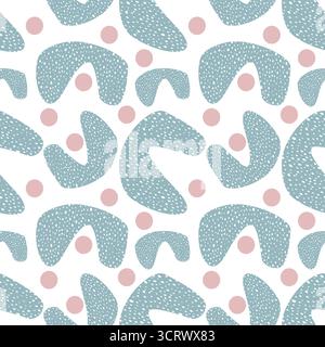 Nahtloses Vektormuster abstrakter, organischer Formen mit einer subtilen gepunkteten Textur in gedämpftem Petrol und sanften rosa Akzenten auf weißem Hintergrund. Stock Vektor