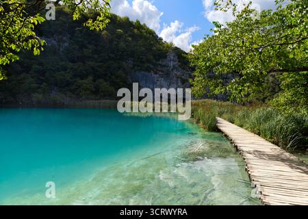 Ein ruhiger türkisfarbener See schlängelt sich durch üppiges Grün und felsige Klippen, mit einer hölzernen Promenade, die zum Erkunden einlädt. Stockfoto