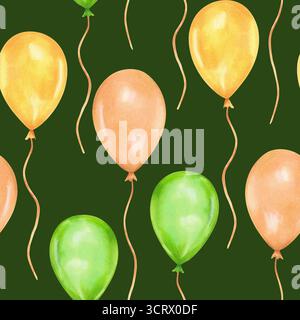 Nahtloses Muster mit Ballons auf grünem Hintergrund. Für Geburtstage und Patrick's Day. Aquarellabbildung. Handgezeichnete isolierte Kunst. Geeignet für Stockfoto