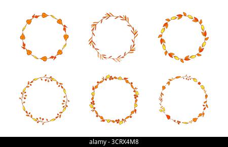 Handgezeichneter Satz von sechs Herbstblattkränzen Stock Vektor