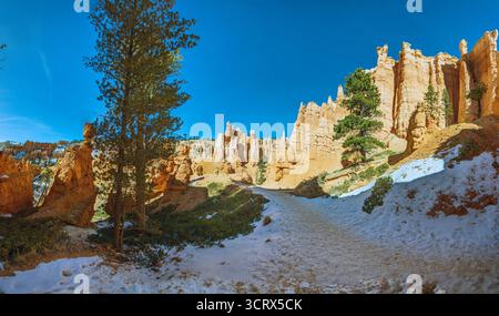 Verschneite Wanderwege zwischen Hoodoos und Klippen im Bryce Canyon während der Wintersaison Stockfoto