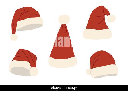 Sammlung von weihnachtsmannmützen; perfekt für Weihnachtsmotive, Weihnachtskarten, festliche Dekorationen - Vektorillustration Stock Vektor