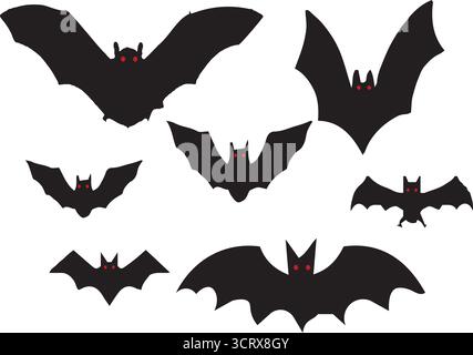 Fliegende Fledermaus-Silhouetten mit roten Augen – Spooky Halloween Fledermaus-Sammlung isoliert auf weißem Hintergrund, Horror Grusel Fledermaus-Icons Stock Vektor