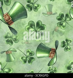 Nahtloses Muster mit Kobold-Hüten und Klee auf grünem Aquarellhintergrund. Handgezeichnete Aquarellillustration. Zum St. Patrick's Day. Für Stockfoto